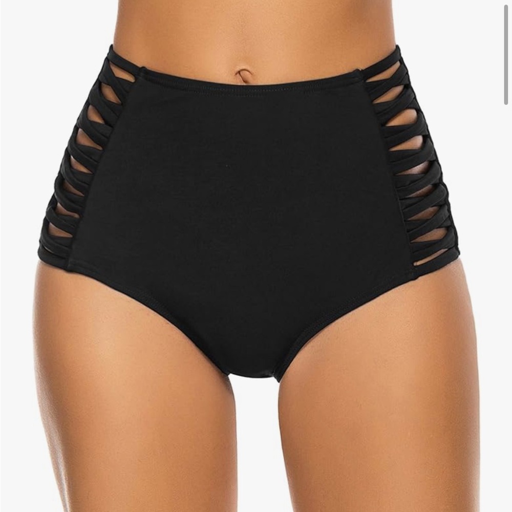 3/$20 High-Waist Strappy Side Bikini Bottoms - Black